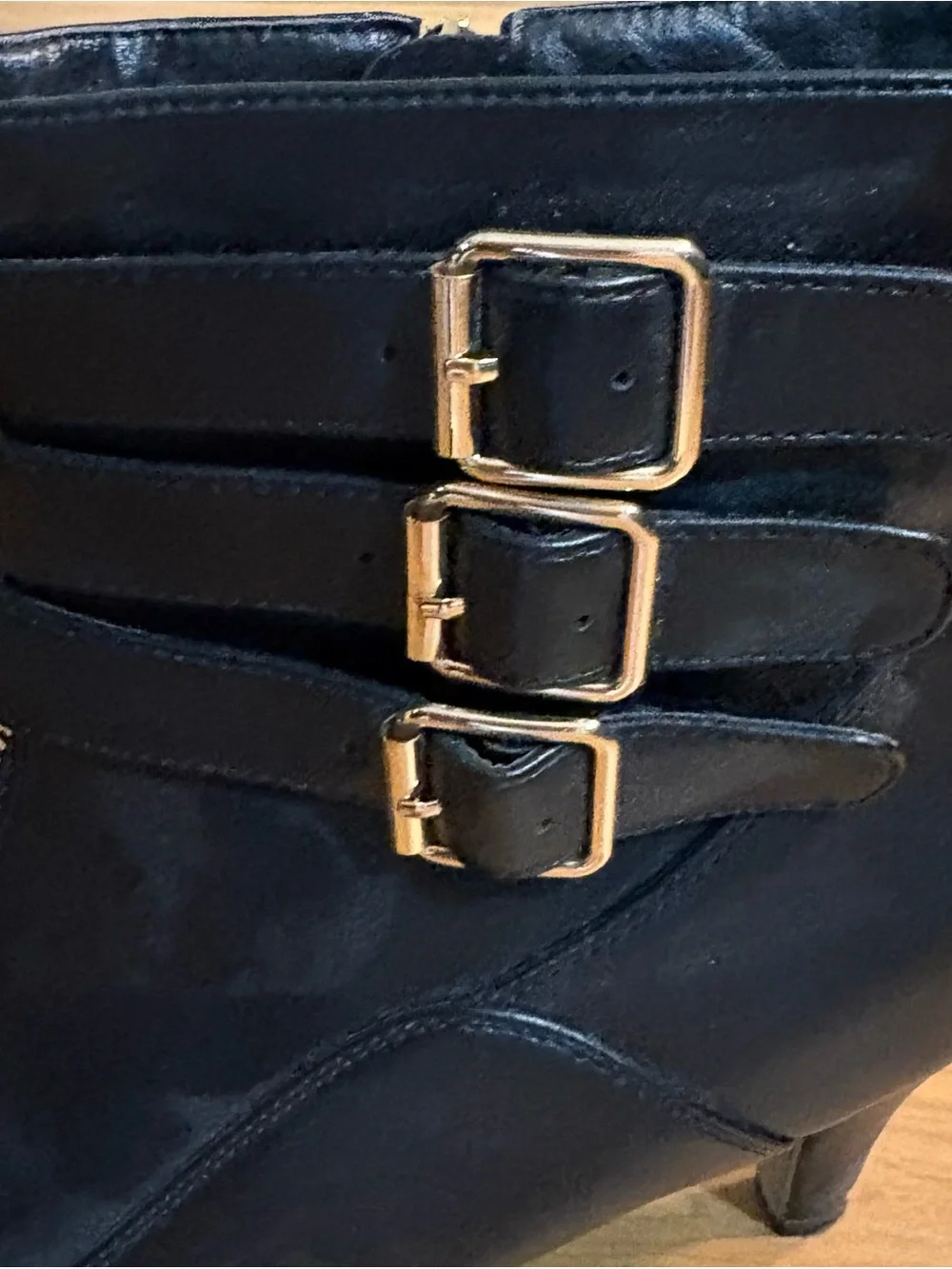 Black Buckle Strap Ankle Booties with Gold Hardware, Size 9